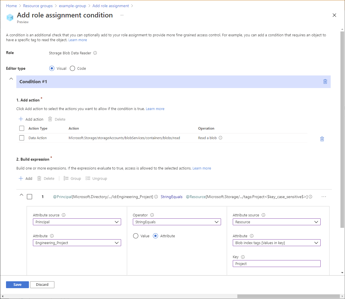 Captura de pantalla de la condición mediante el atributo principal que se muestra en el editor visual.