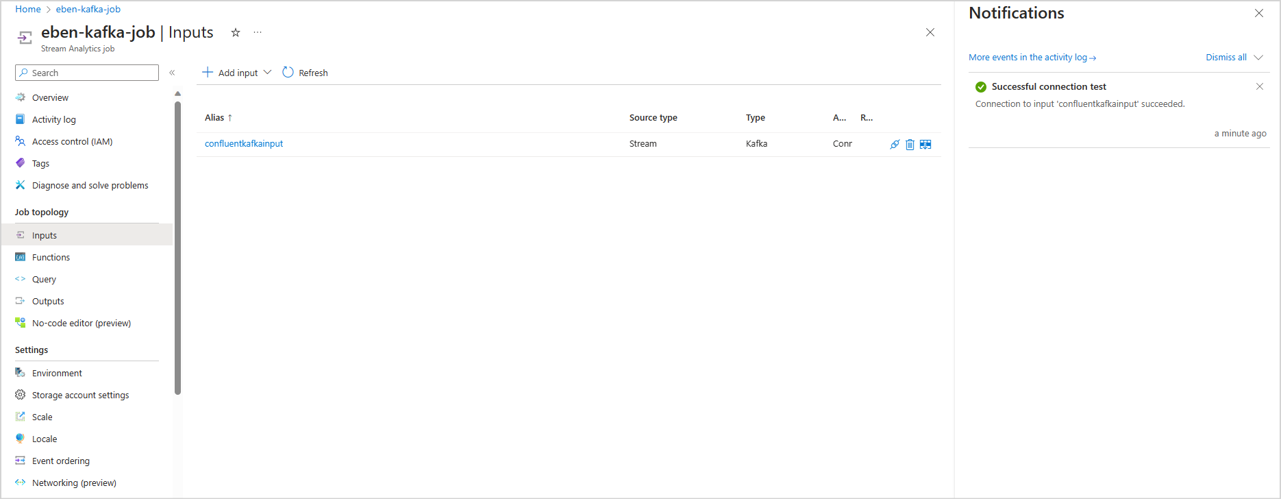 Captura de pantalla que muestra una conexión de prueba correcta confluent kafka input.