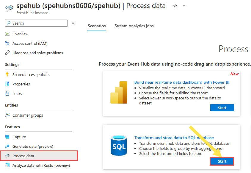 Captura de pantalla que muestra el filtro y la ingesta a la tarjeta ADLS Gen2 donde se selecciona Inicio.