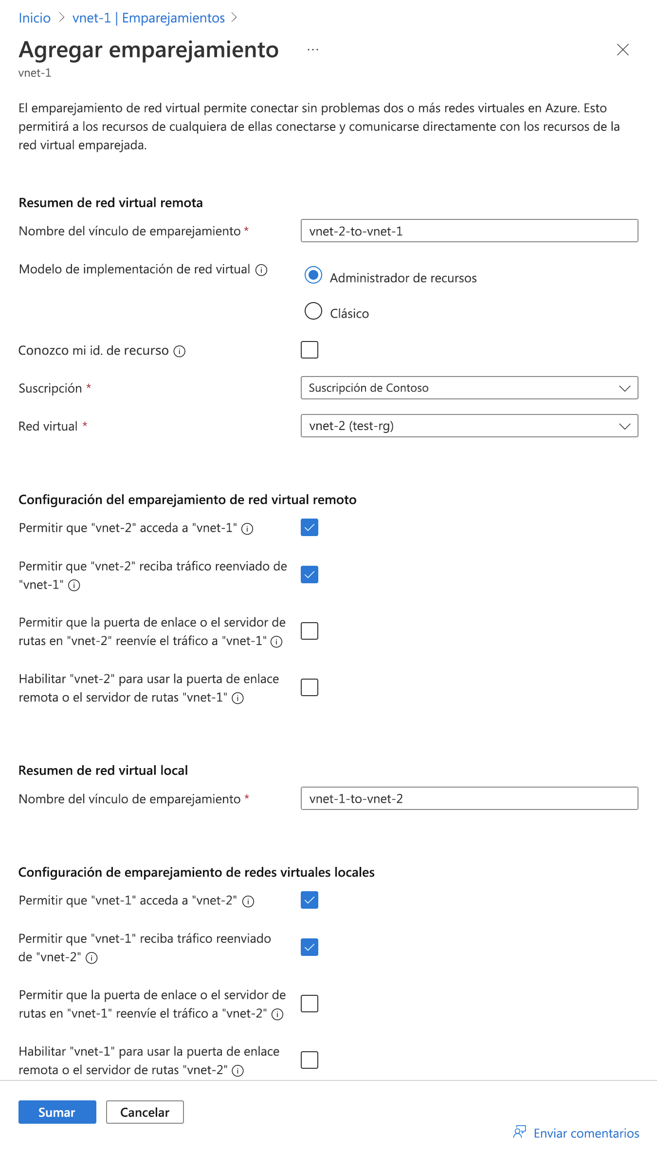 Captura de pantalla de Azure Portal en la que se muestra la página de configuración del emparejamiento de red virtual.