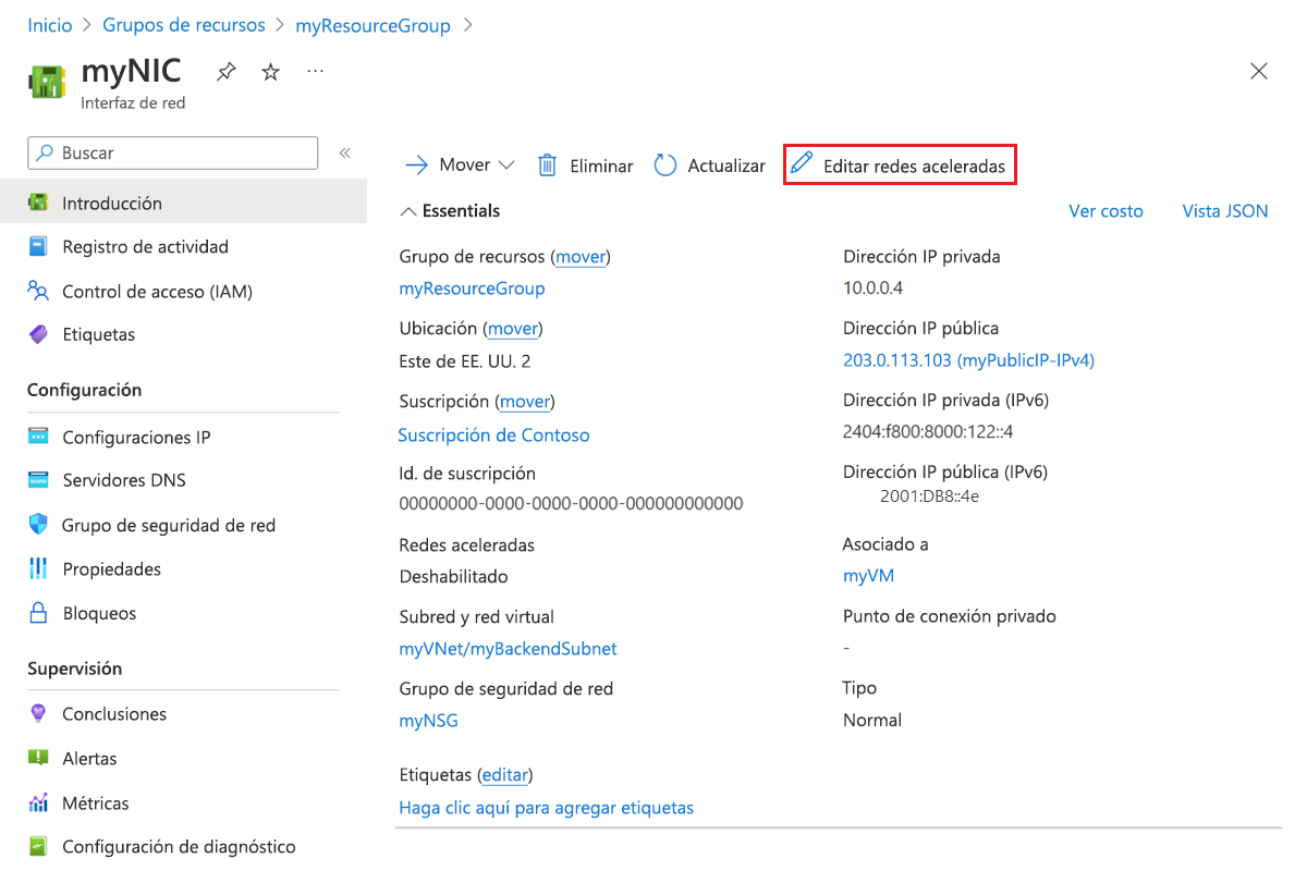 Recorte de pantalla de la Información general de la interfaz de red.