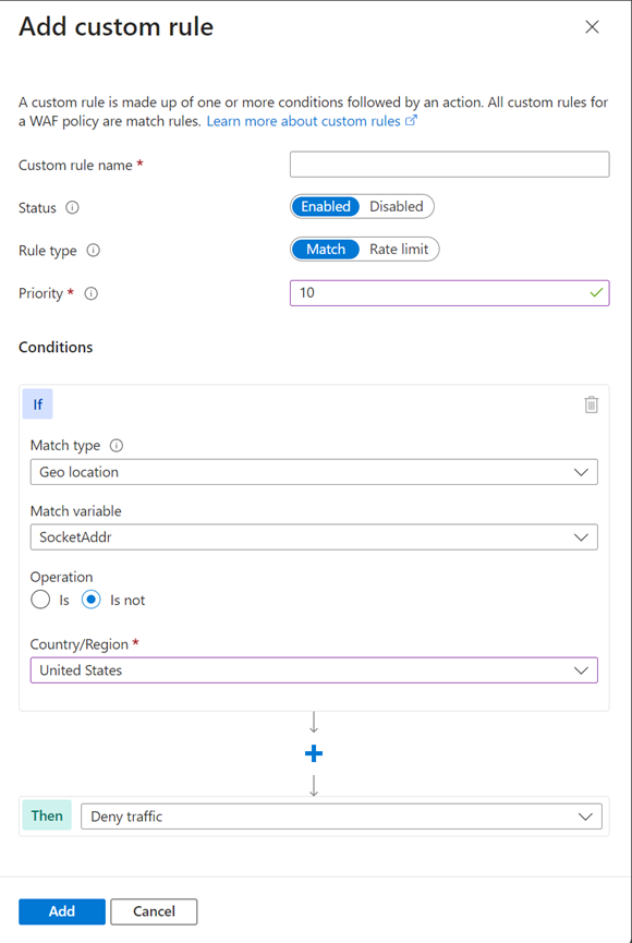 Captura de pantalla que muestra la pantalla Agregar regla personalizada del firewall de aplicaciones web de Front Door.
