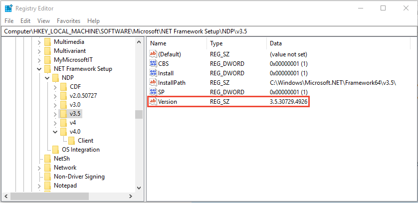 Captura de pantalla de la herramienta RegEdit que muestra la entrada del Registro para .NET Framework 3.5