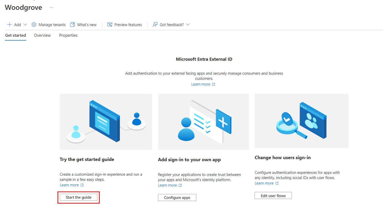 Captura de pantalla que muestra cómo iniciar la guía.