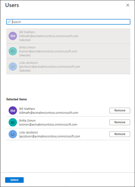 Captura de pantalla que muestra 'Select users'.