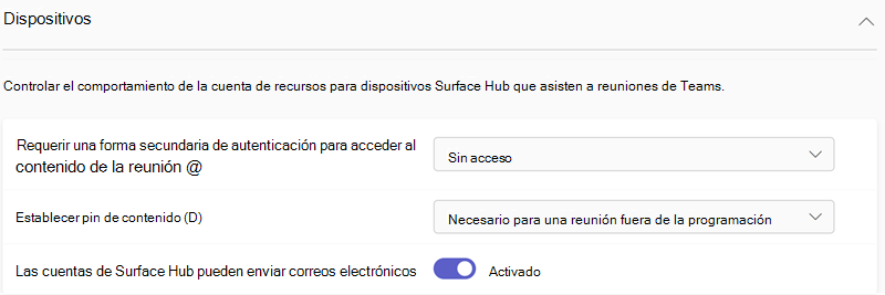Captura de pantalla de la configuración de dispositivos de Teams en el centro de administración de Teams.