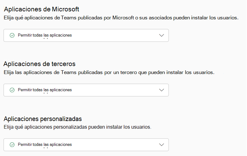 Captura de pantalla de las directivas de permisos de aplicación de Teams en el Centro de administración de Teams.