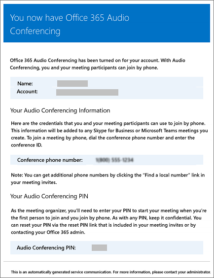 Ejemplo de un mensaje de correo electrónico de Audioconferencia.