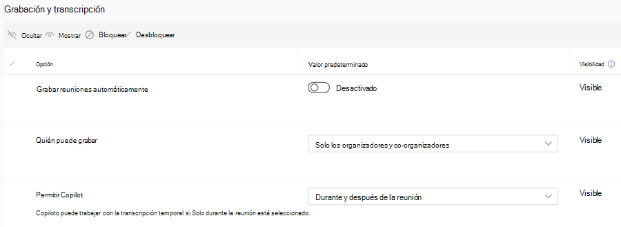 Captura de pantalla de las directivas de grabación de Teams para las plantillas de reunión en el Centro de administración de Teams.