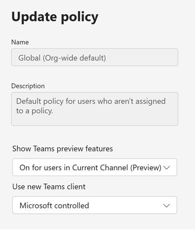 Captura de pantalla de la directiva de actualización de Teams en el centro de administración de Teams.