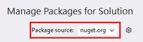 Captura de pantalla de la esquina superior derecha de la ventana Administrar paquetes para la solución. La lista Origen del paquete está resaltada y se selecciona nuget.org.