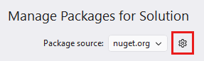 Captura de pantalla de la esquina superior derecha de la ventana Administrar paquetes para la solución. Junto a la lista Origen del paquete, el icono de configuración está resaltado.