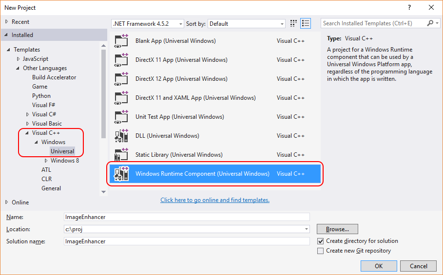 Crear un nuevo proyecto componente de Windows Runtime para UWP
