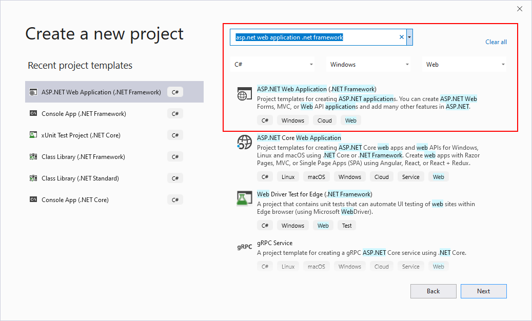 Selección de la plantilla de proyecto web de .NET Framework