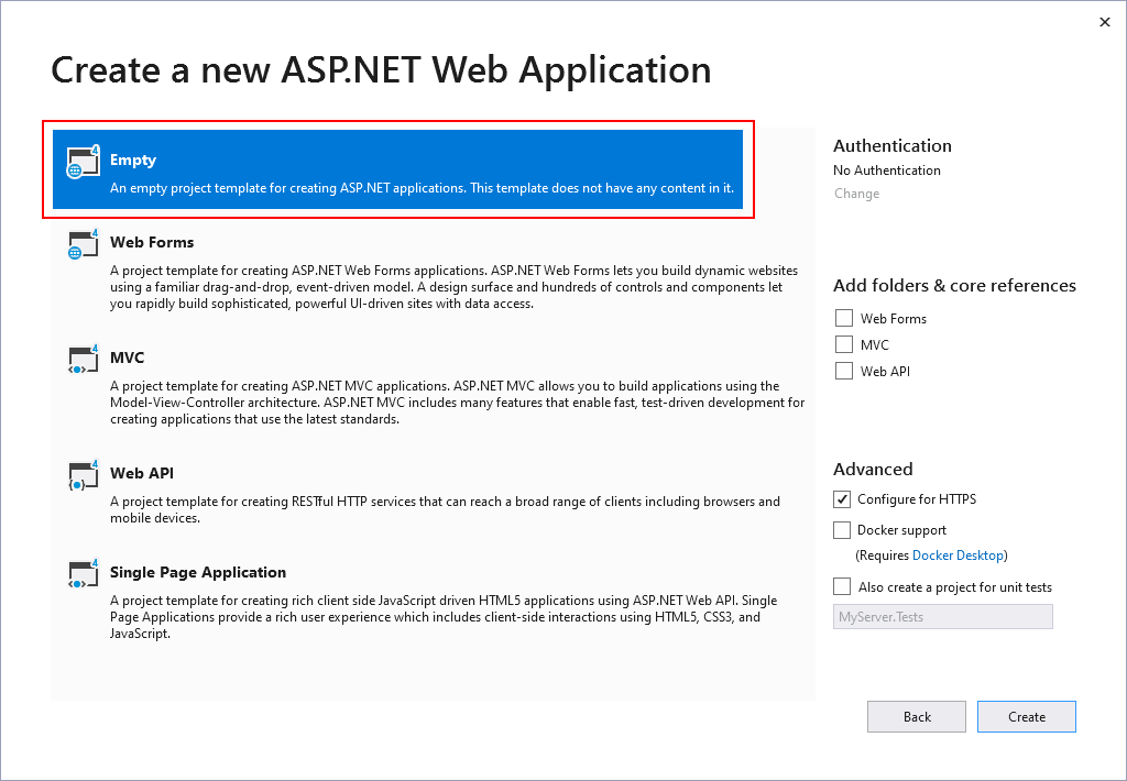 Selección del proyecto web vacío
