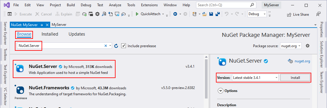 Instalación del paquete NuGet.Server
