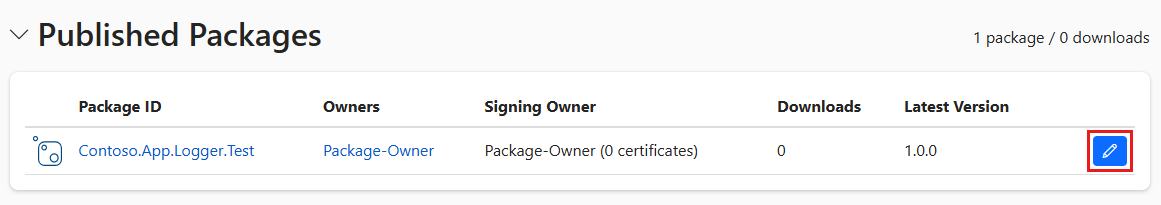 Captura de pantalla de la página Paquetes de nuget.org. En la sección Paquetes publicados se muestra un paquete. Su icono de edición está resaltado.