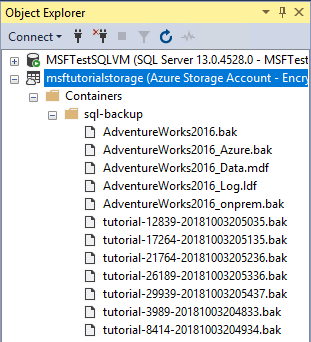 Captura de pantalla del Explorador de objetos en SSMS con varias instantáneas en Azure Container.