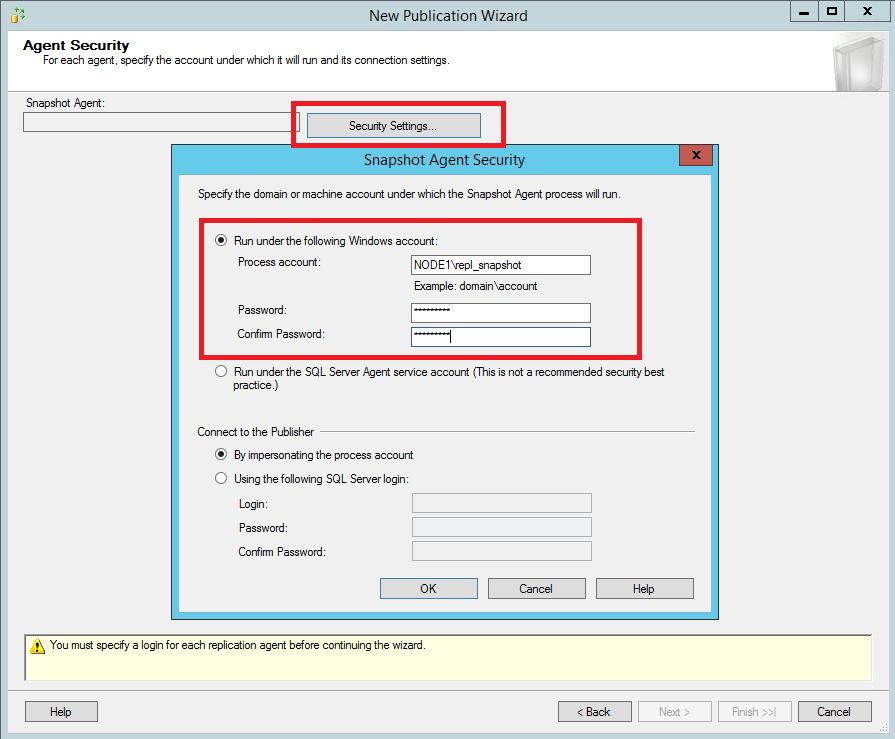 Selecciones para configurar la seguridad del agente de instantáneas