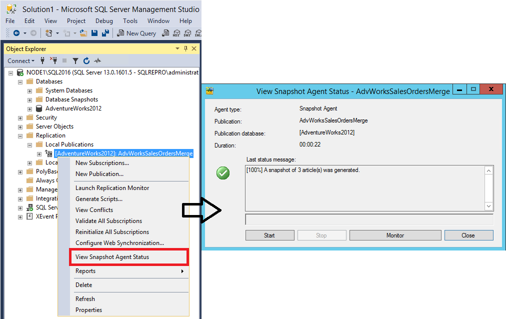Selecciones para ver el estado del agente de instantáneas