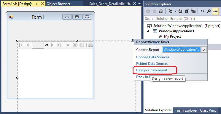 Captura de pantalla de la etiqueta inteligente ReportViewer Tasks, que resalta el informe local.