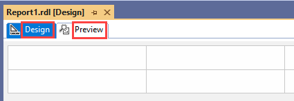 Captura de pantalla de la superficie de diseño del Diseñador de informes. Las pestañas Diseño y Vista previa de un archivo de definición de informe están resaltadas.