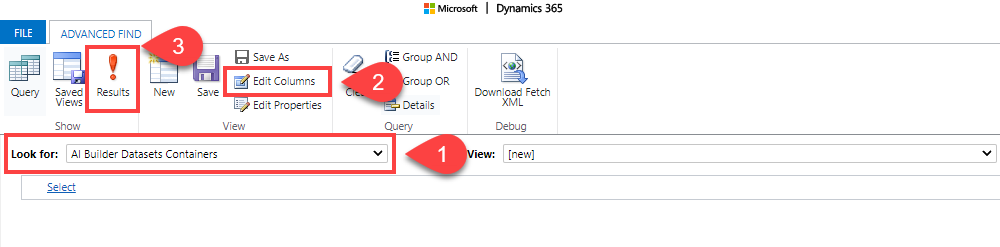 Captura de pantalla dels contenidors de conjunts de dades de cerca avançada. AI Builder 