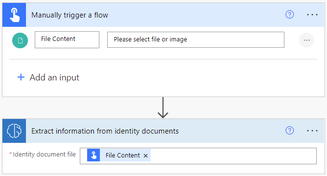 Captura de pantalla d'un pas d'informació d'extracció activat manualment en un flux, amb un document d'identitat seleccionat.