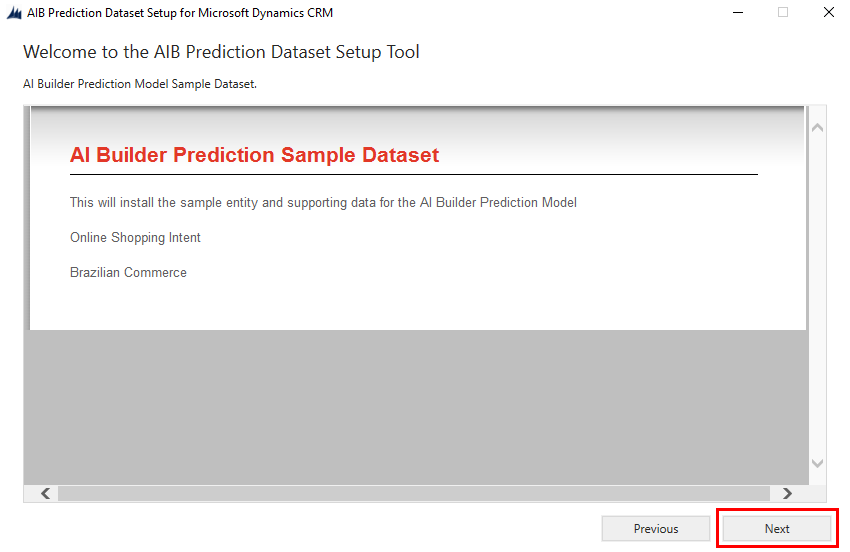 Captura de pantalla de la instal·lació del AI Builder  conjunt de dades d'predicció exemple.