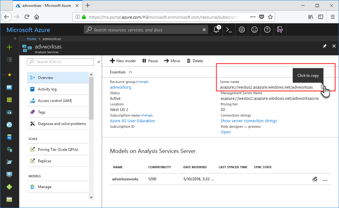 Obtención del nombre del servidor en Azure