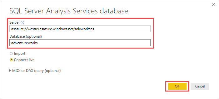 Especificación del nombre del servidor y la base de datos del modelo