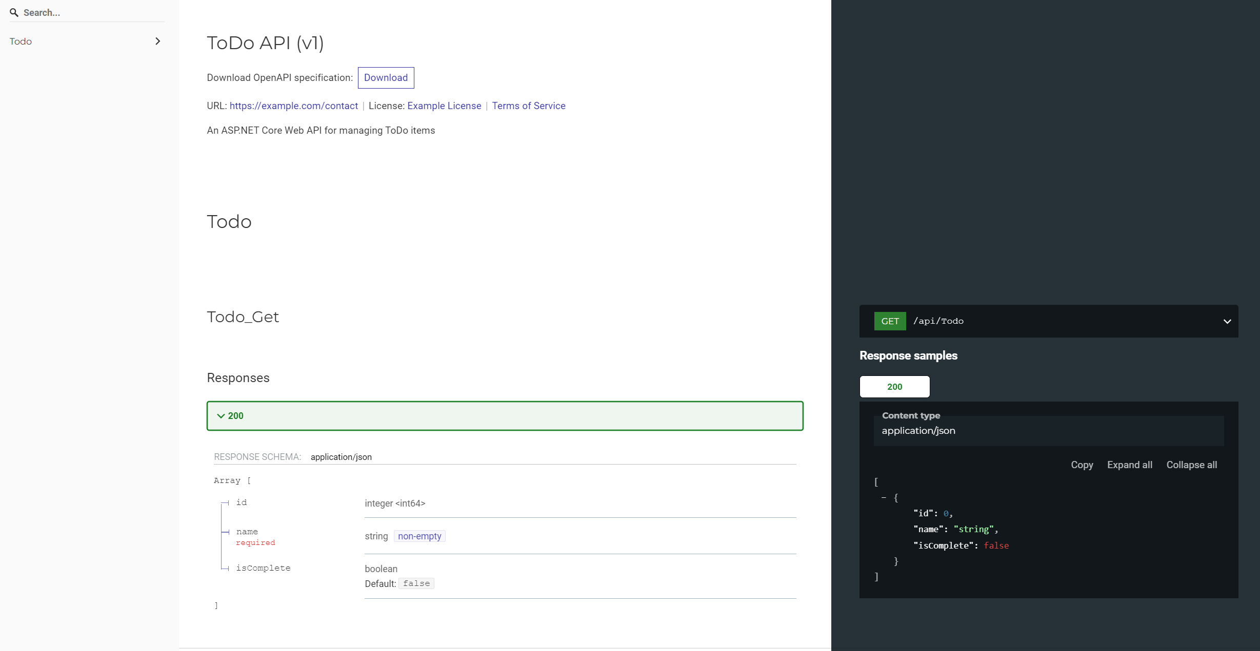 Documentación de puesta al día de la API de ejemplo.