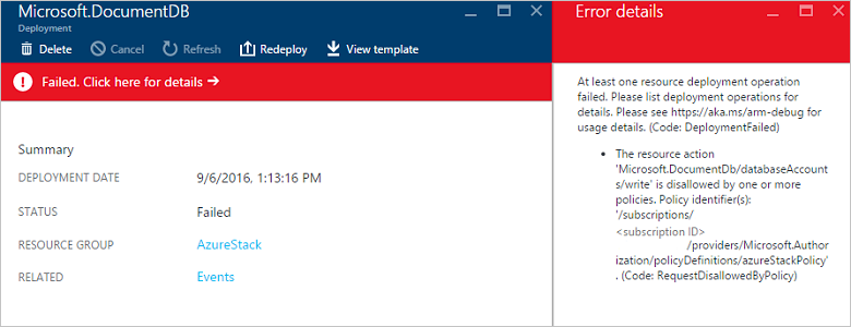 Resultado del error de implementación de recursos debido a la restricción de directiva