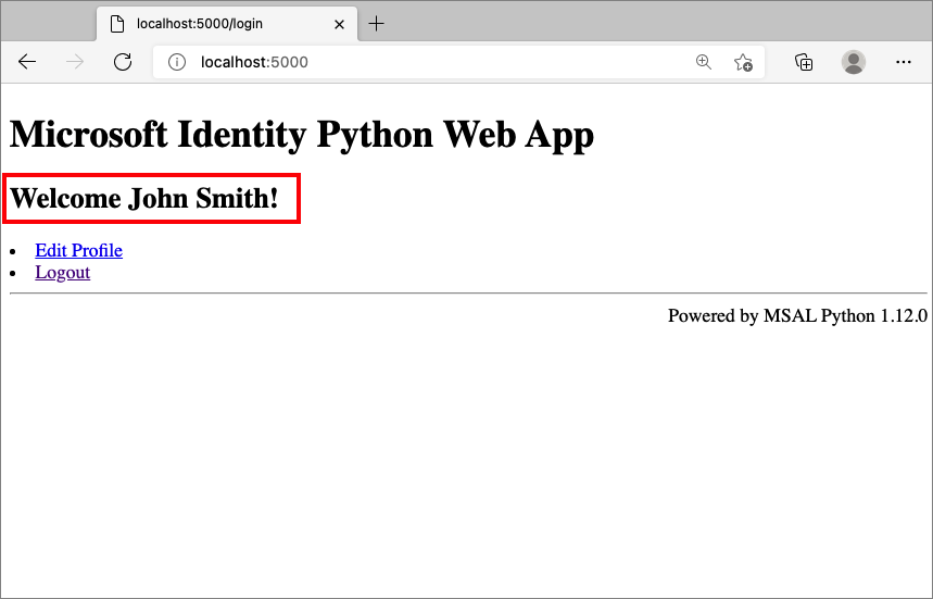 Captura de pantalla que muestra la notificación de nombre para mostrar del token de la aplicación web.