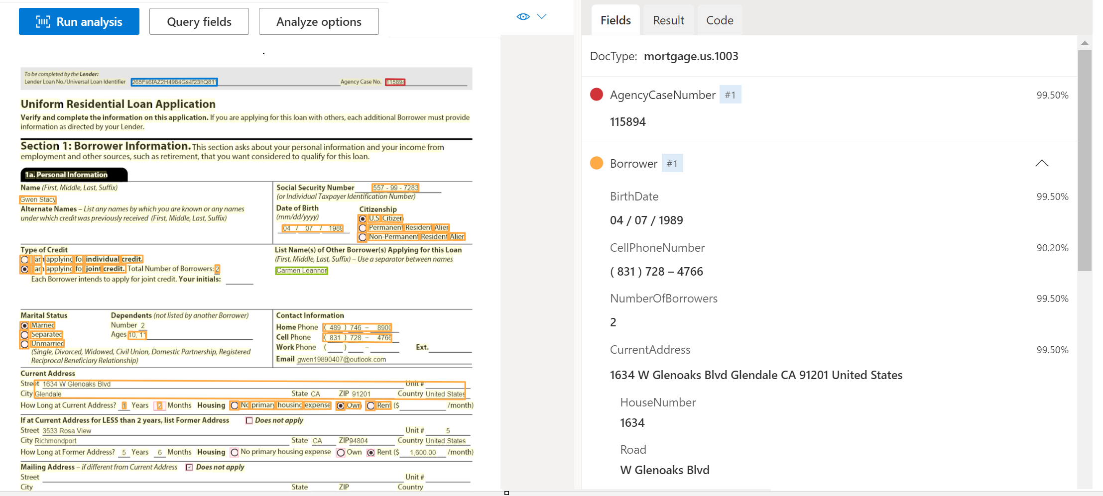 Captura de pantalla que muestra el análisis de modelos de documentos de US Mortgage 1003 mediante Document Intelligence Studio.
