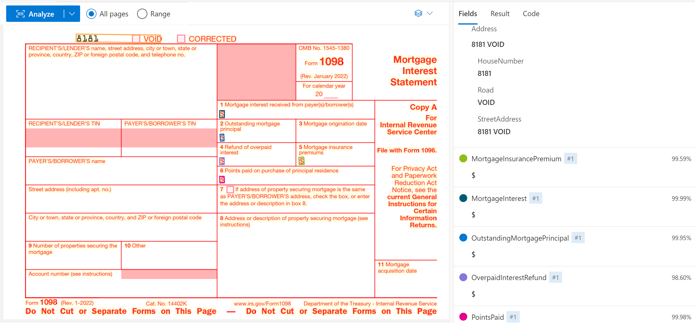 Captura de pantalla que muestra el formulario fiscal de EE. UU. 1098 analizado en Document Intelligence Studio.