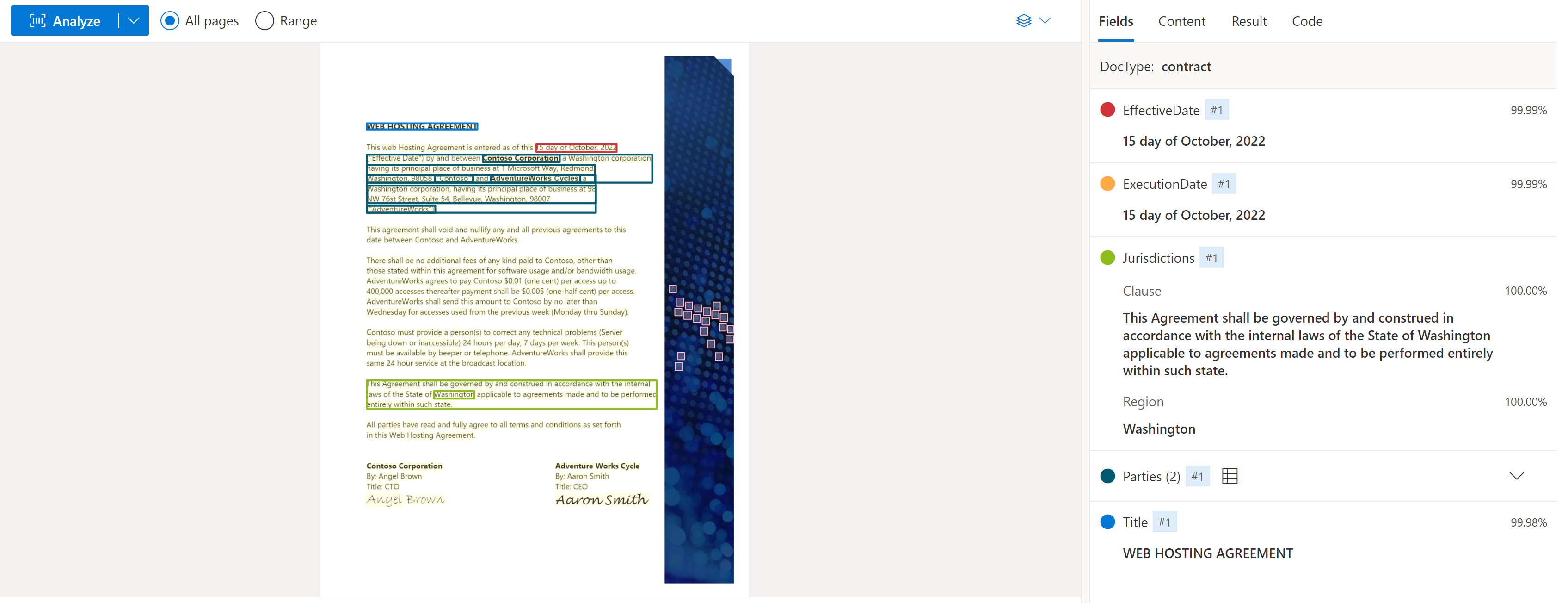 Captura de pantalla que muestra la extracción de modelos de contrato mediante Document Intelligence Studio.