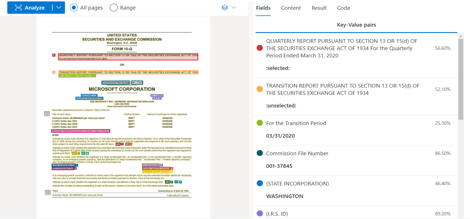 Captura de pantalla que muestra el análisis general del modelo de documentos mediante Document Intelligence Studio.