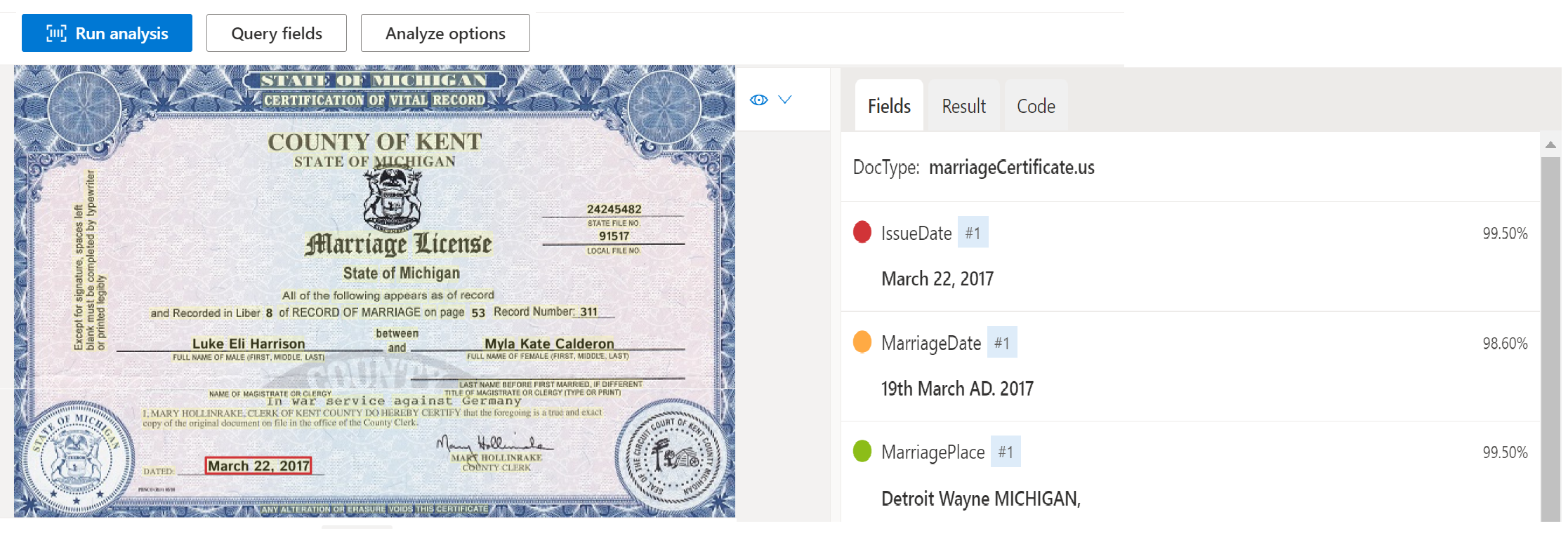 Captura de pantalla que muestra el análisis del modelo de documentos de certificado de matrimonio mediante Document Intelligence Studio.