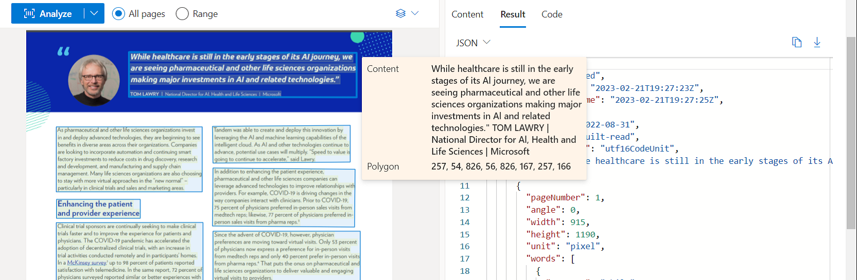 Captura de pantalla que muestra Read model analysis by using Document Intelligence Studio (Leer análisis de modelos mediante Document Intelligence Studio).
