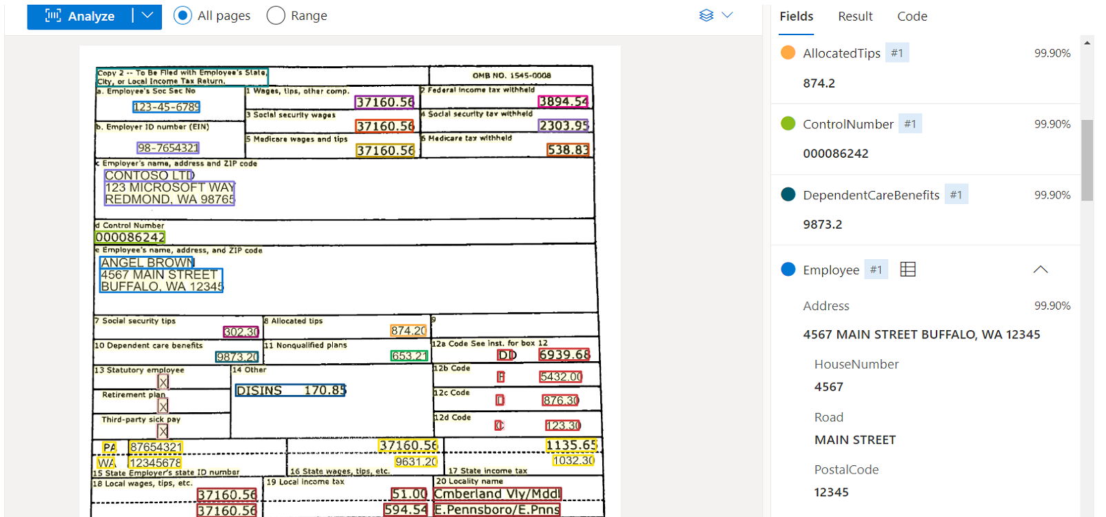 Captura de pantalla que muestra el análisis de modelos W-2 mediante Document Intelligence Studio.