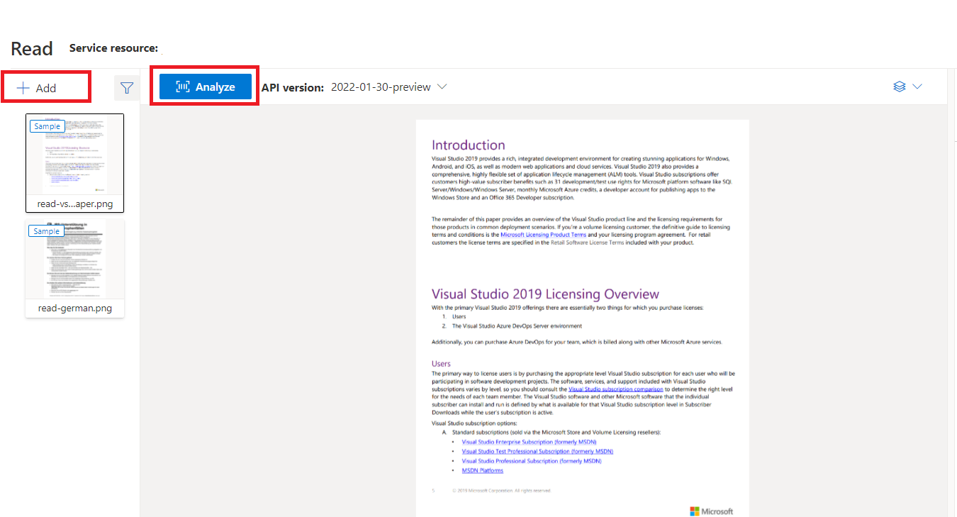 Captura de pantalla del procesamiento de lectura en Document Intelligence Studio.