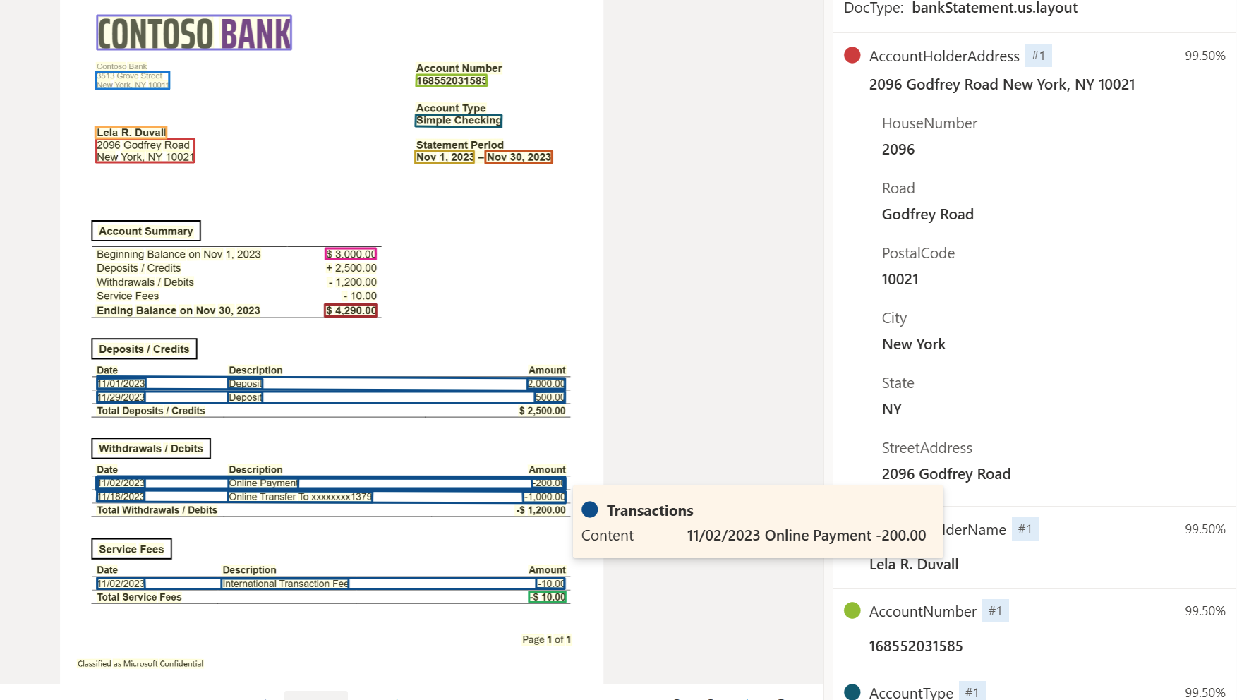 Captura de pantalla que muestra el análisis del modelo de extracto bancario usando Document Intelligence Studio.