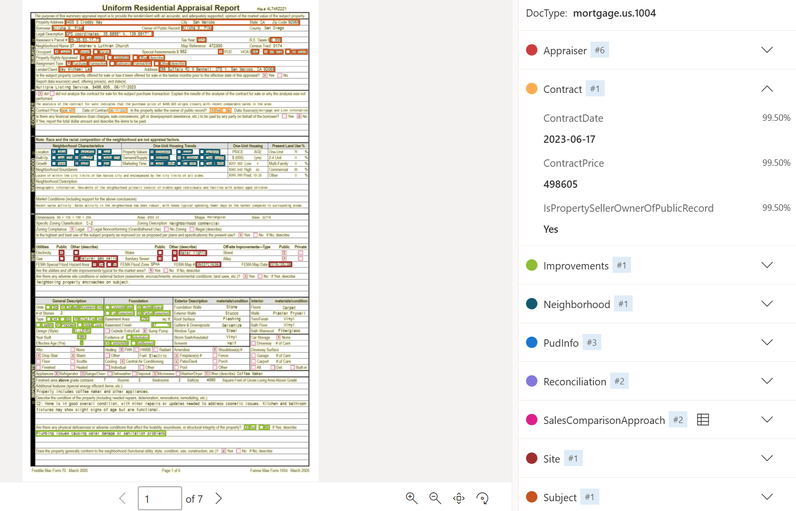 Captura de pantalla que muestra el análisis de modelos de documentos de US Mortgage 1004 mediante Document Intelligence Studio.