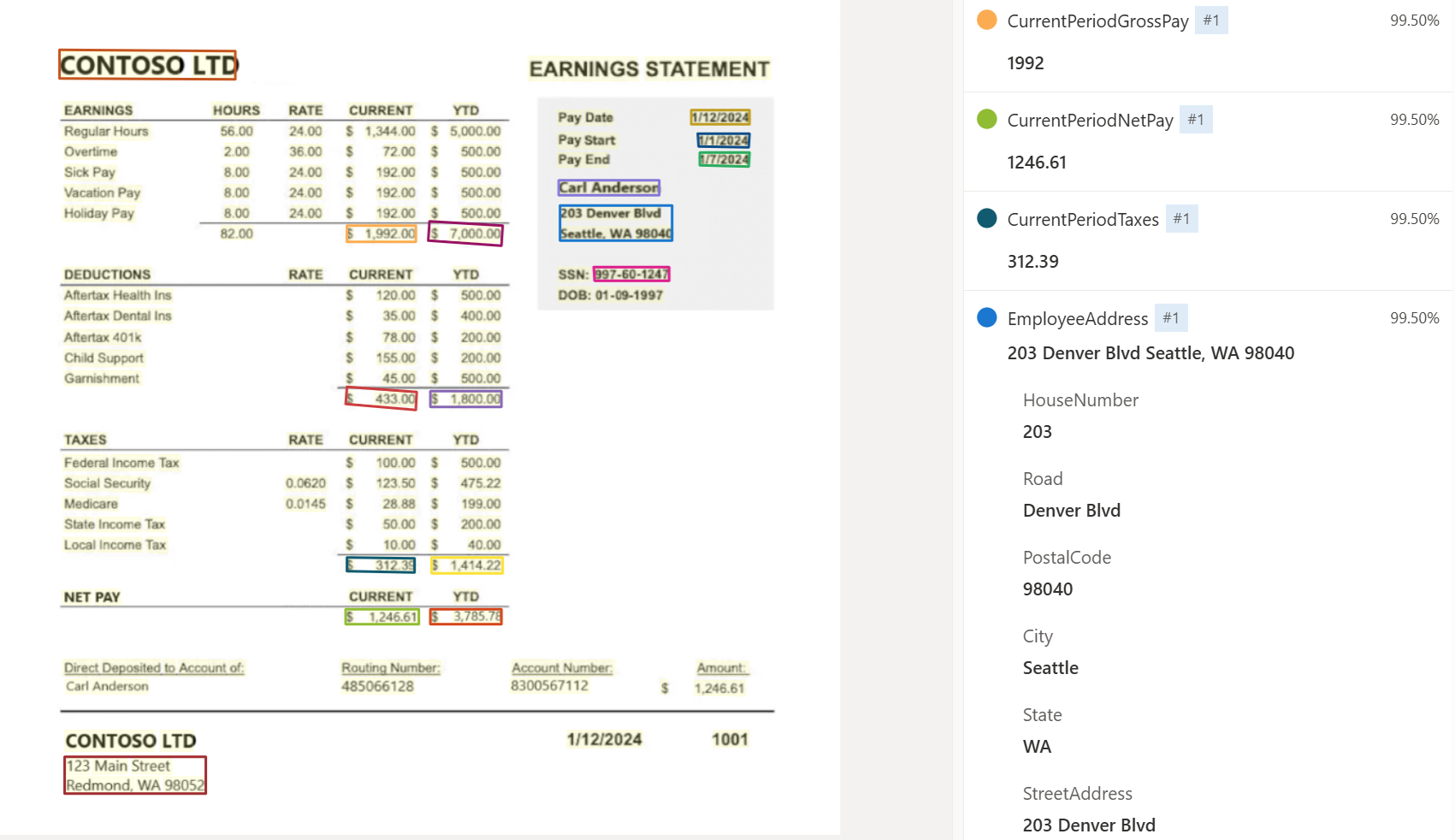 Captura de pantalla que muestra el análisis del modelo de talón de pago mediante Document Intelligence Studio.