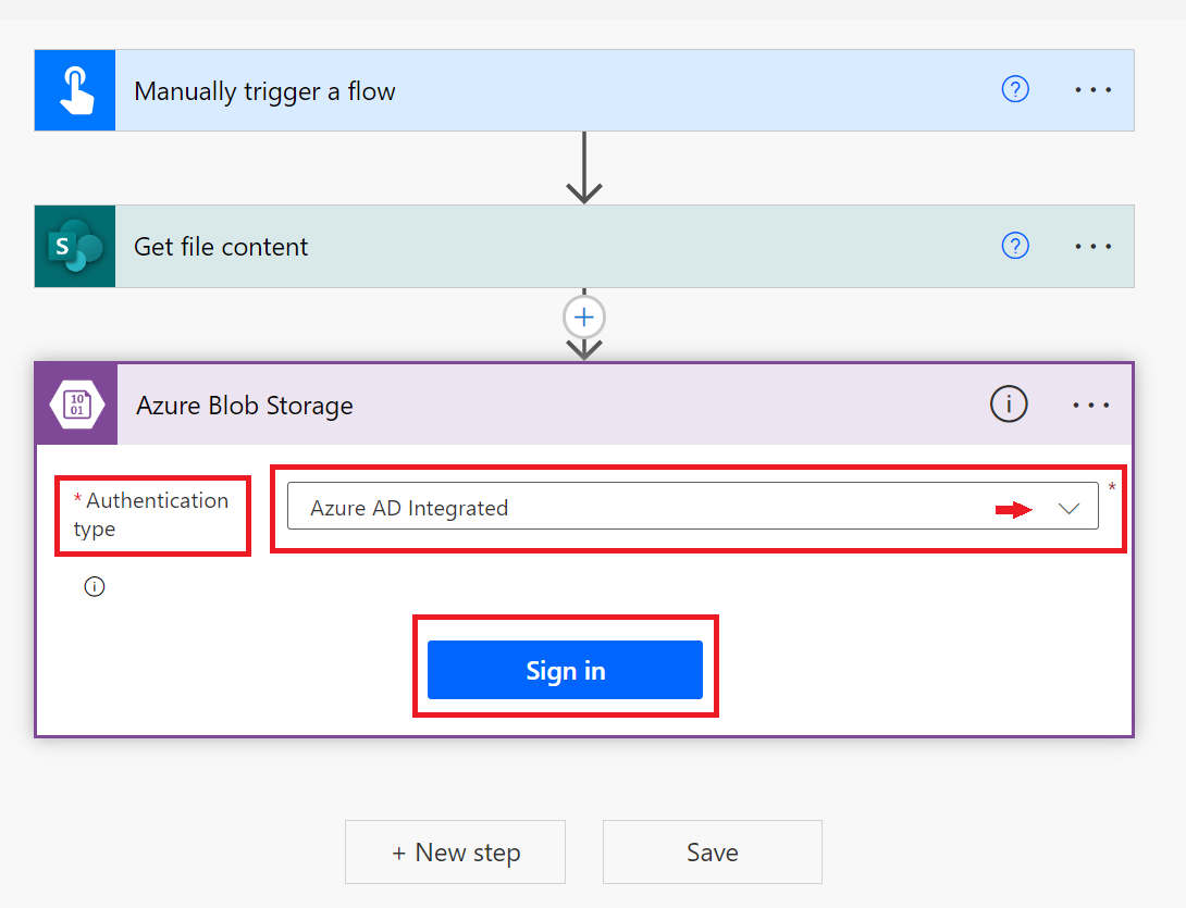 Captura de pantalla de la ventana de autenticación de Azure Blob Storage.