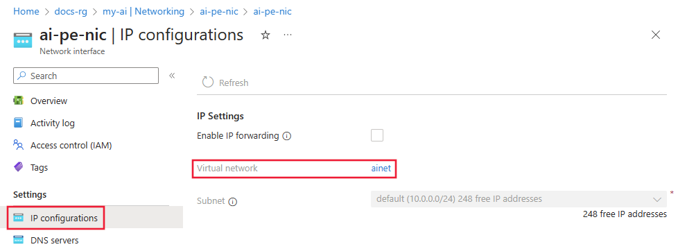 Captura de pantalla de la configuración de IP con el vínculo de red virtual resaltado.
