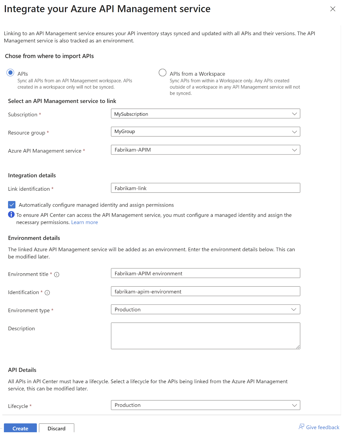 Captura de pantalla de la integración de un servicio Azure API Management en el portal.