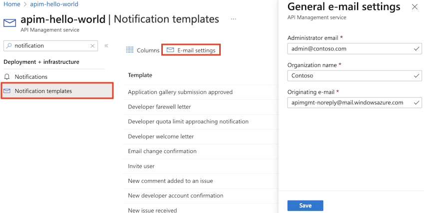 Captura de pantalla de la configuración de correo electrónico de API Management en el portal