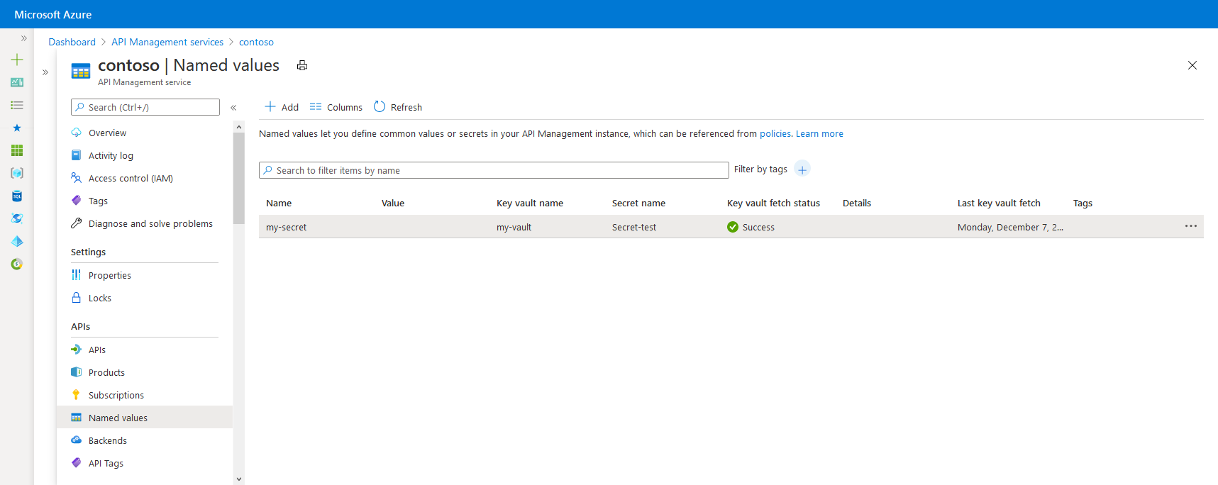 Valores con nombre en Azure Portal